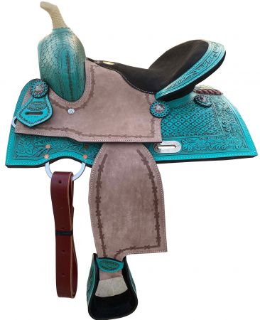 13" Double T Teal Pony&#47;Youth saddle with rough out accents